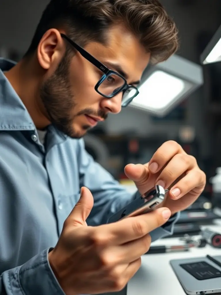 A close-up shot of a technician carefully replacing a cracked iPhone screen in a well-lit, professional repair shop setting, emphasizing precision and expertise.