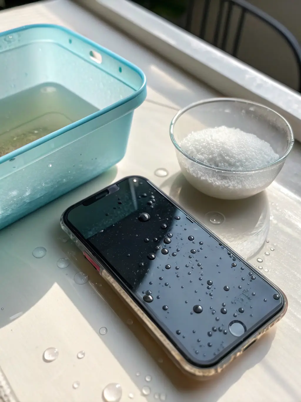 A water-damaged iPhone being carefully cleaned and dried by a technician, showcasing the process of water damage repair.