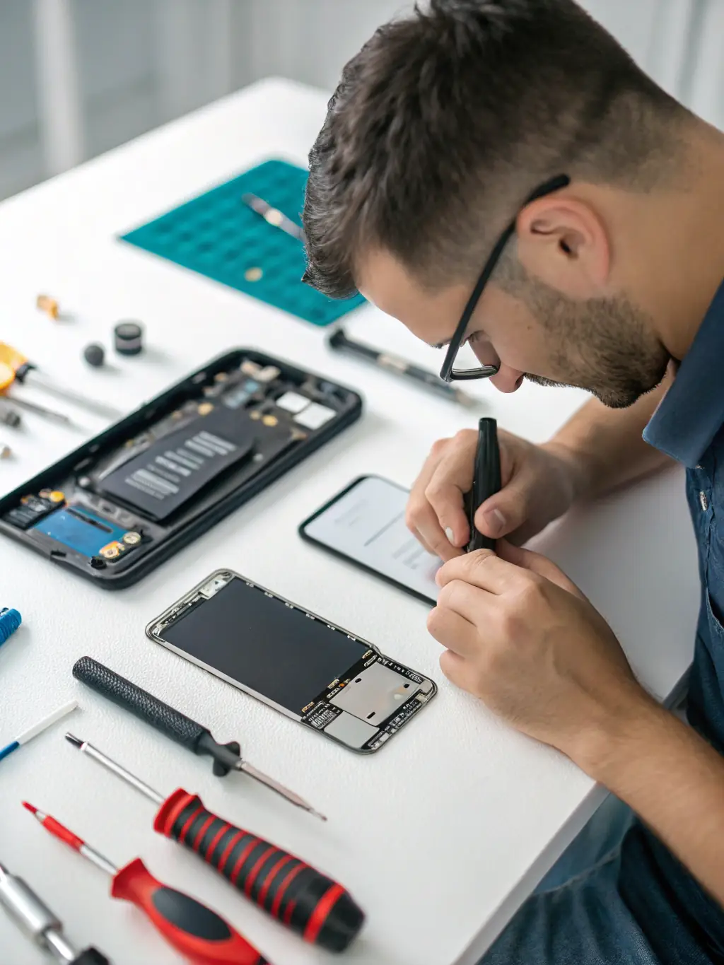 A technician replacing an iPhone battery, showcasing the internal components and the care taken during the battery replacement process.