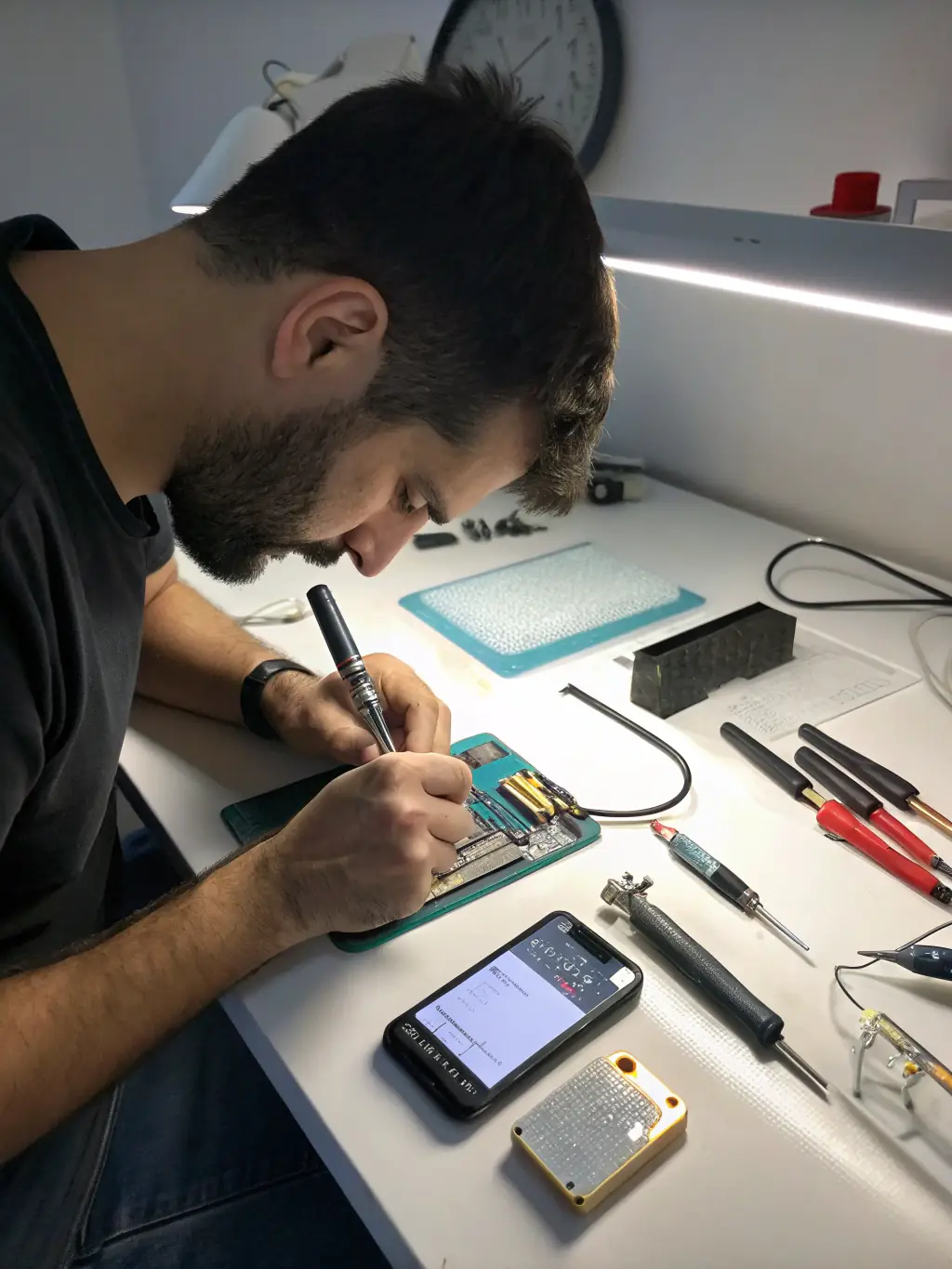 A detailed image of a technician repairing the camera module of an iPhone, highlighting the intricate work involved in camera repairs.