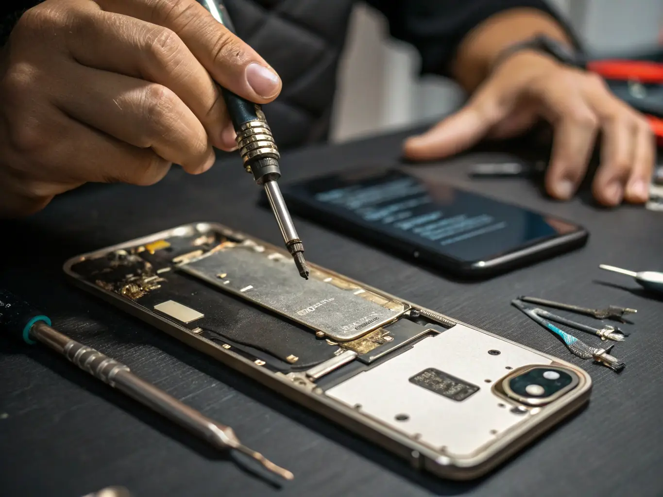 An image of an iPhone with a swollen battery being safely removed by a technician wearing protective gloves, emphasizing the safety measures taken during battery replacements.