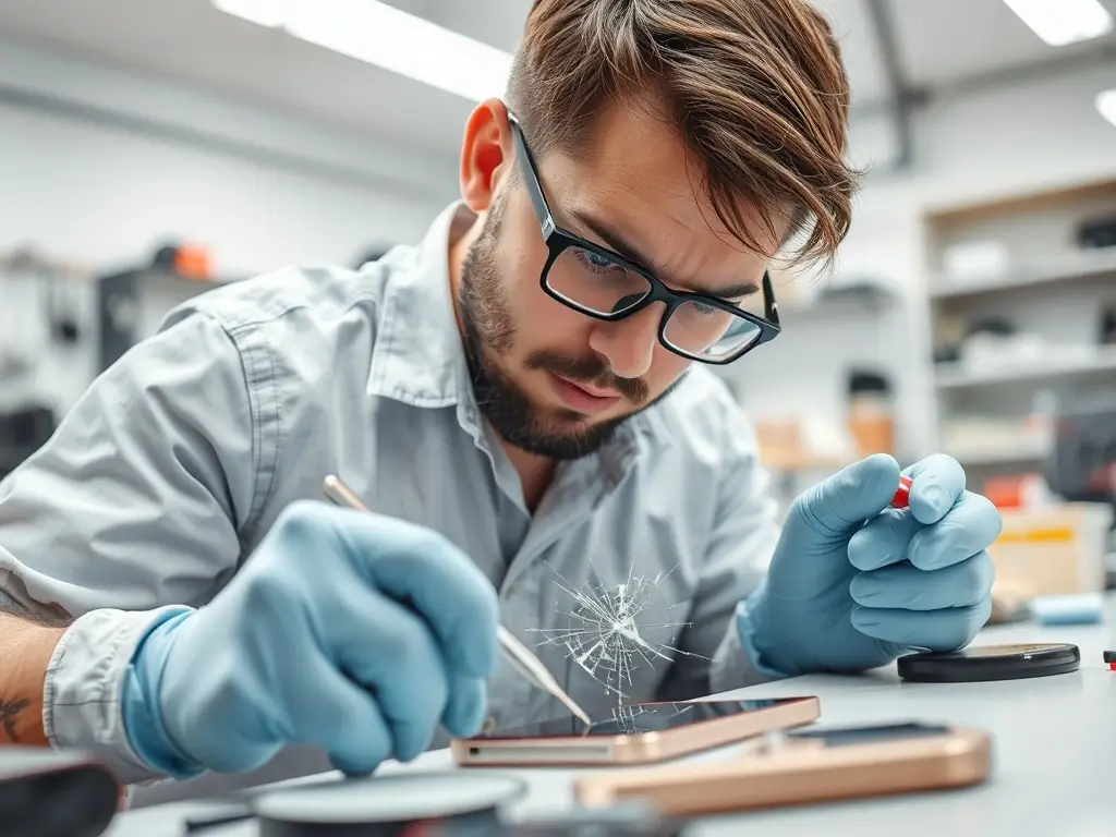 A close-up shot of a technician carefully replacing the screen of an iPhone in a clean, well-lit repair environment, showcasing the precision and attention to detail.